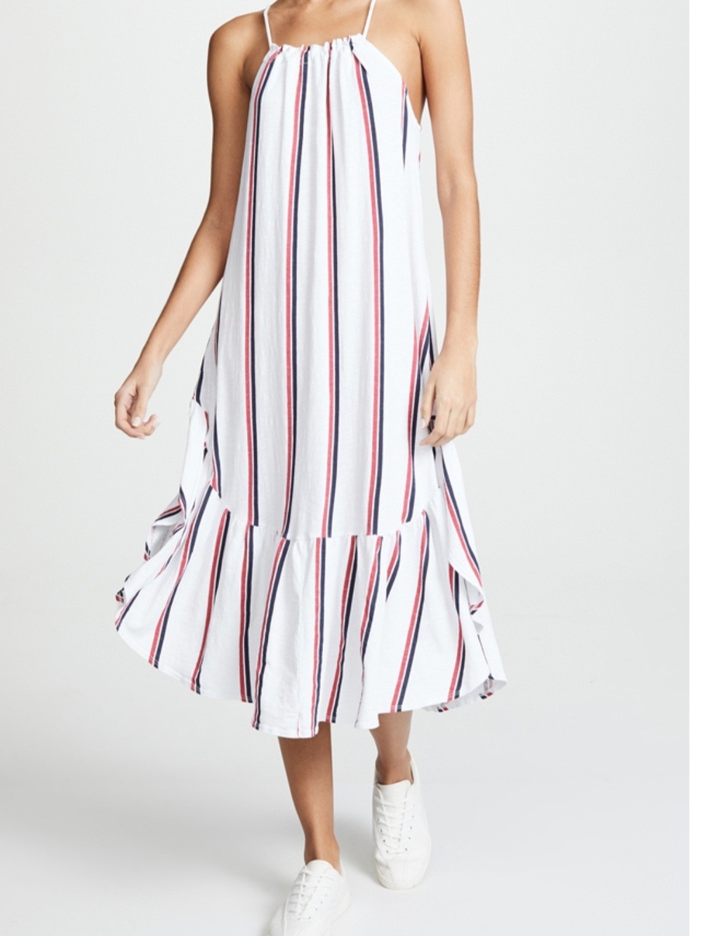Sundry White Midi Dress with Red & Navy Stripes Made In USA Sz 1 (S) 4th Of July